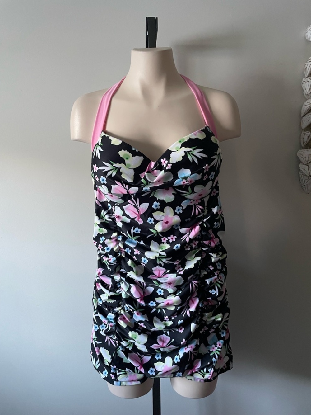 Sea Grove Floral Halter One Piece Swimsuit Retro Pin Up Ruched Plus Size XXXL